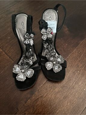 Coach Black Sandal Heels with Silver Sequin Flower Appliqués